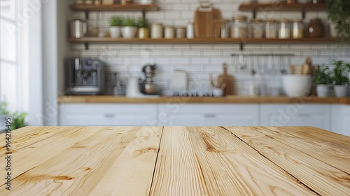 Natural wooden table Blurred background with family dining room and minimalist kitchen interior. Wooden table, kitchenware and appliances on furniture and shelves, white wall 