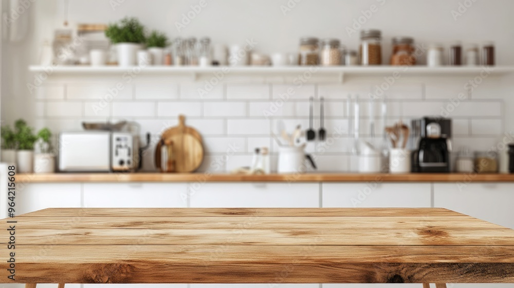 Natural wooden table Blurred background with family dining room and minimalist kitchen interior. Wooden table, kitchenware and appliances on furniture and shelves, white wall Natural wooden table Blurred background with family dining room and minimalist kitchen interior. Wooden table, kitchenware and appliances on furniture and shelves, white wall