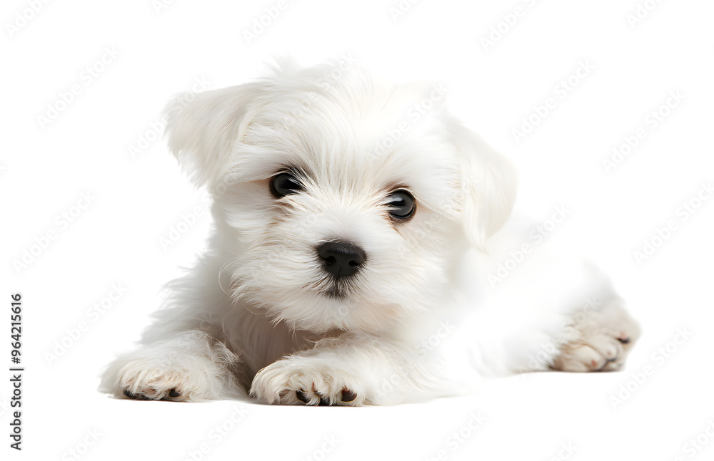 White Maltese Bichon puppy sitting looking at camera, isolated on transparent background
White Maltese Bichon puppy sitting looking at camera, isolated on transparent background