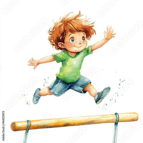 cute kid playing high jump watercolor clipart