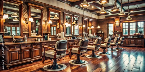 A bustling young barber shop with a vintage vibe, rows of barber chairs and nostalgic wooden accents, where generations of families have gotten their hair cut. photo