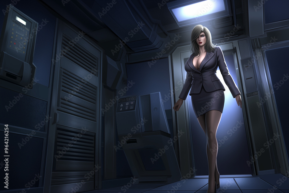 Obraz premium Futuristic Businesswoman Walking Through Dark Sci-Fi Corridor