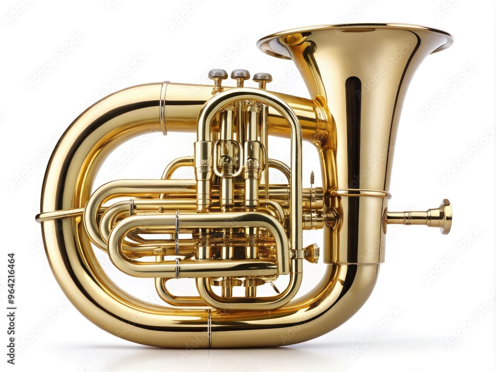 Obraz premium A Brass Tuba In An Upright Position With Valves And A Mouthpiece, Isolated On A White Background