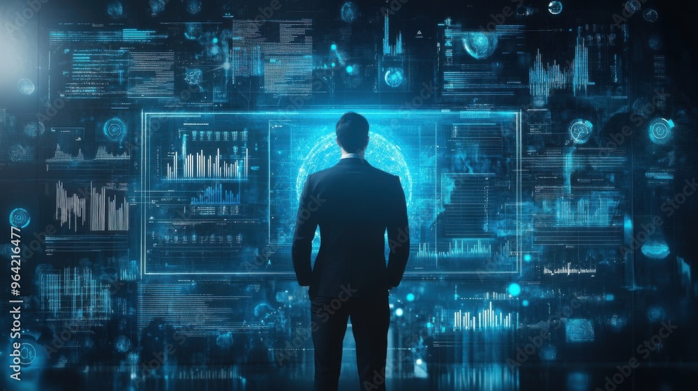 Businessman standing in front of a futuristic interface with holographic data. Technology and business concept Businessman standing in front of a futuristic interface with holographic data. Technology and business concept