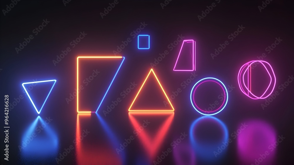 Dazzling Neon Geometric Shapes Floating in Futuristic Glowing Landscape Dazzling Neon Geometric Shapes Floating in Futuristic Glowing Landscape
