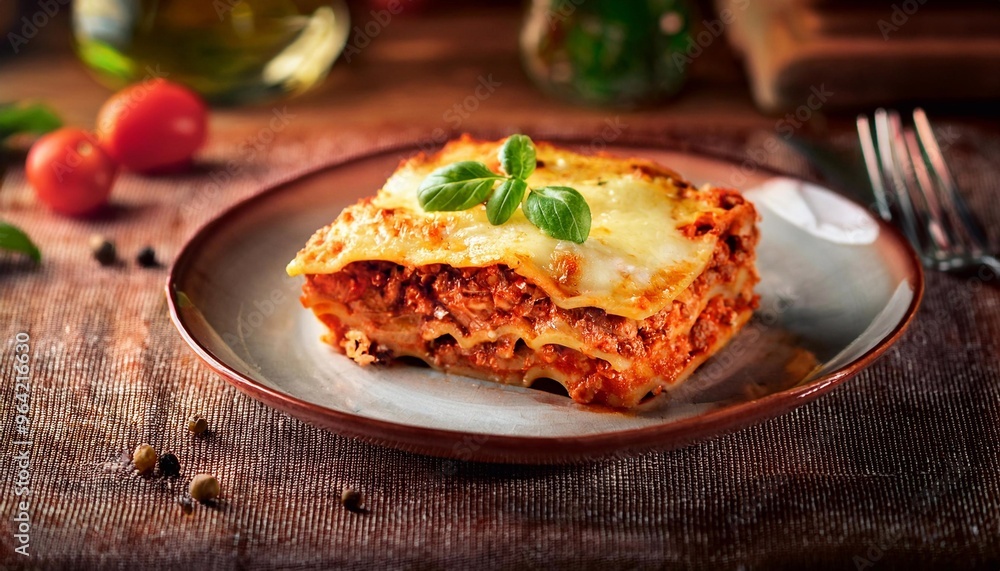 piece of lasagna in a plate on a table, against the background of a kitchen with large windows, warm colored bokeh background. piece of lasagna in a plate on a table, against the background of a kitchen with large windows, warm colored bokeh background.