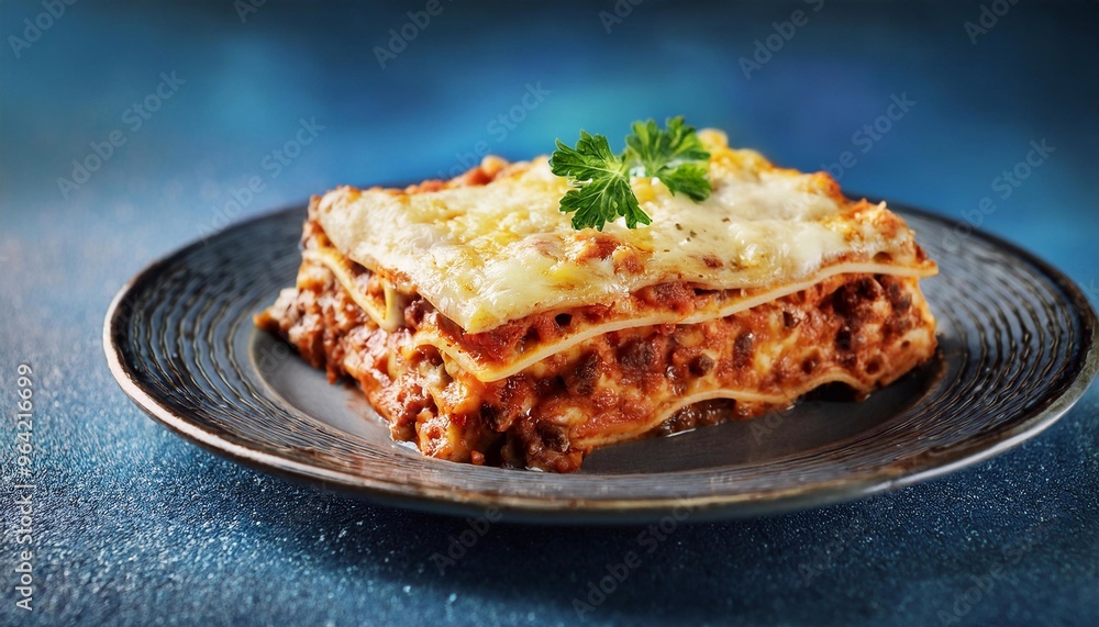 piece of lasagna in plate on bright background, delicious food piece of lasagna in plate on bright background, delicious food