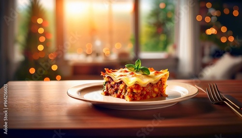 piece of lasagna in a plate on a table, against the background of a kitchen with large windows, warm colored bokeh background.