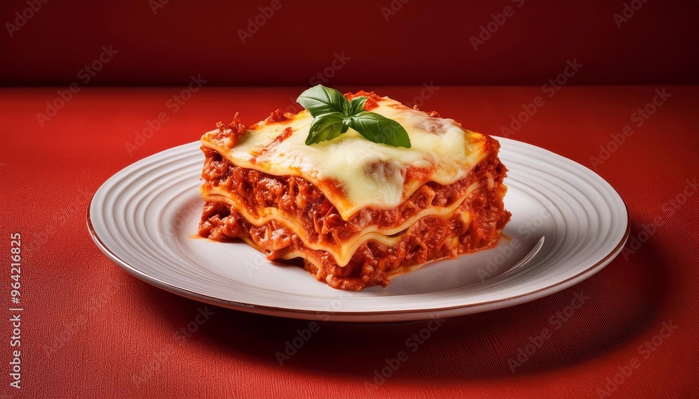 piece of lasagna in plate on bright background, delicious food piece of lasagna in plate on bright background, delicious food