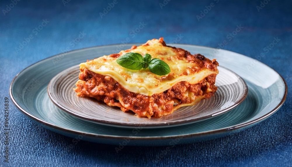 piece of lasagna in plate on bright background, delicious food piece of lasagna in plate on bright background, delicious food