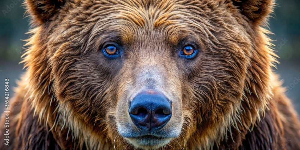 A Brown Bear With Piercing Blue Eyes Looks Directly At The Camera, Its Face Filling The Frame And Showcasing Its Intense Gaze. A Brown Bear With Piercing Blue Eyes Looks Directly At The Camera, Its Face Filling The Frame And Showcasing Its Intense Gaze.