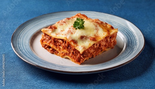 piece of lasagna in plate on bright background, delicious food