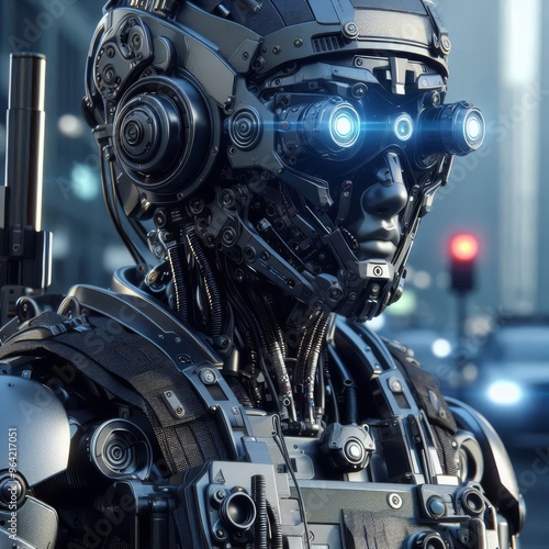 Close-up, detailed robotic police officers patrolling the streets, cyber punk style