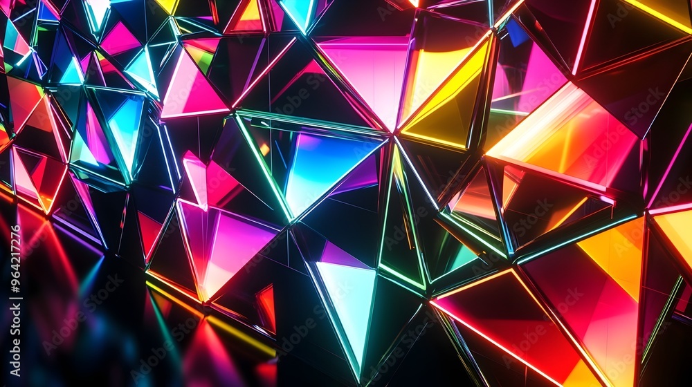 Obraz premium Glowing Geometric Prisms Casting Neon Reflections on a Dark Backdrop