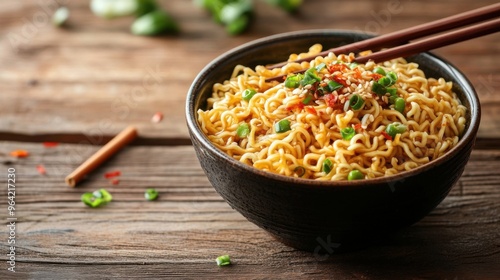 Bowl of instant noodles with chopsticks, isolated on wooden background