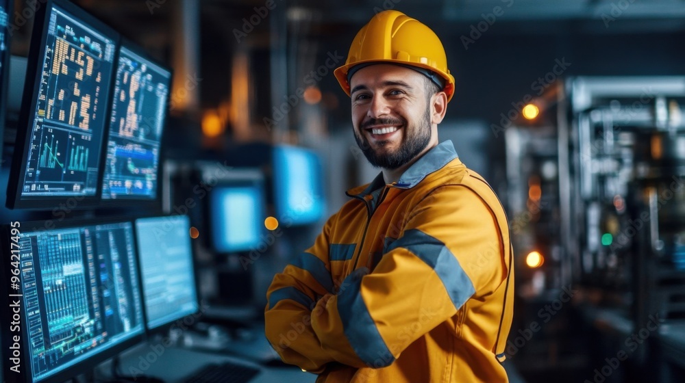 Portrait happy smiling male engineering technician on the industrial control room Portrait happy smiling male engineering technician on the industrial control room