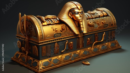 Beautiful golden sarcophagus with ornaments on dark background. Neural network ai generated art photo