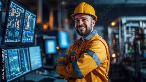 Portrait happy smiling male engineering technician on the industrial control room