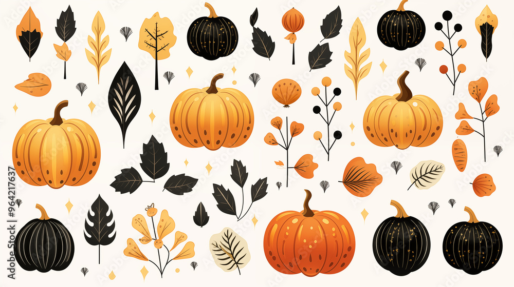 Set d'illustration de citrouilles et feuilles d'automne. Illustration automnal. Décoration pour Halloween. Période Septembre, Octobre, Novembre. Pour conception et création graphique. Set d'illustration de citrouilles et feuilles d'automne. Illustration automnal. Décoration pour Halloween. Période Septembre, Octobre, Novembre. Pour conception et création graphique.