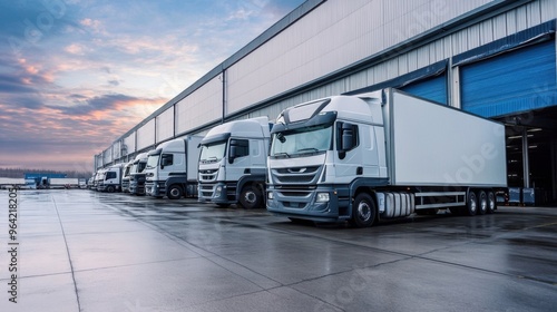 Close up fleet of trucks parked in front of warehouse to delivering factory goods