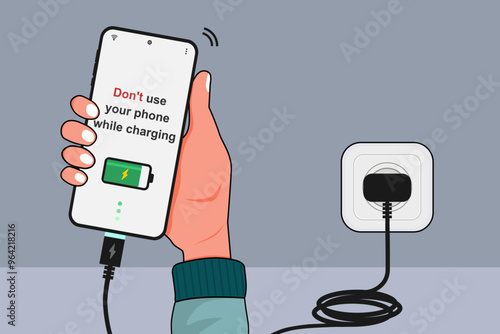 Do not use your phone while charging concept. Hand holding a mobile phone while charging. Electronic equipment safety campaign. Vector illustration.
