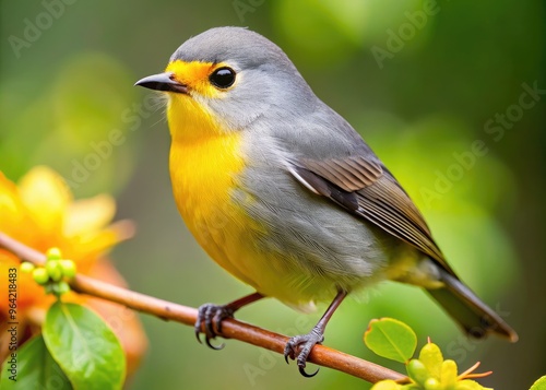 A Close-Up Of A Small Gray Bird With A Bright Yellow Beak Perched On A Tree Branch photo