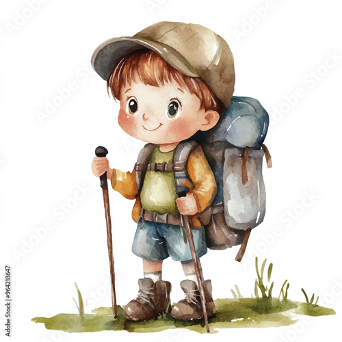 cute kid playing hiking watercolor clipart