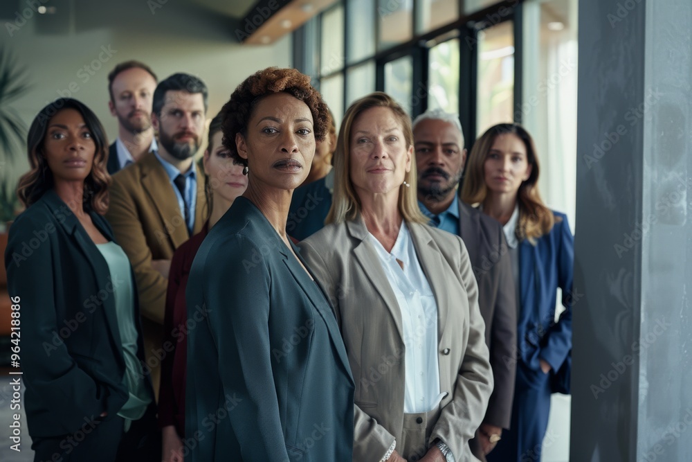A group of confident professionals in formal attire posing with authority in a sophisticated office setting.