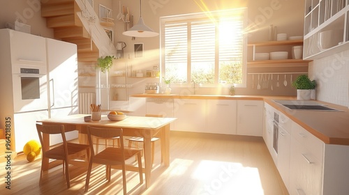 Simple kitchen with dining table in the center and stairs to the second floor. Cozy and comfortable home design. 3D illustration. photo