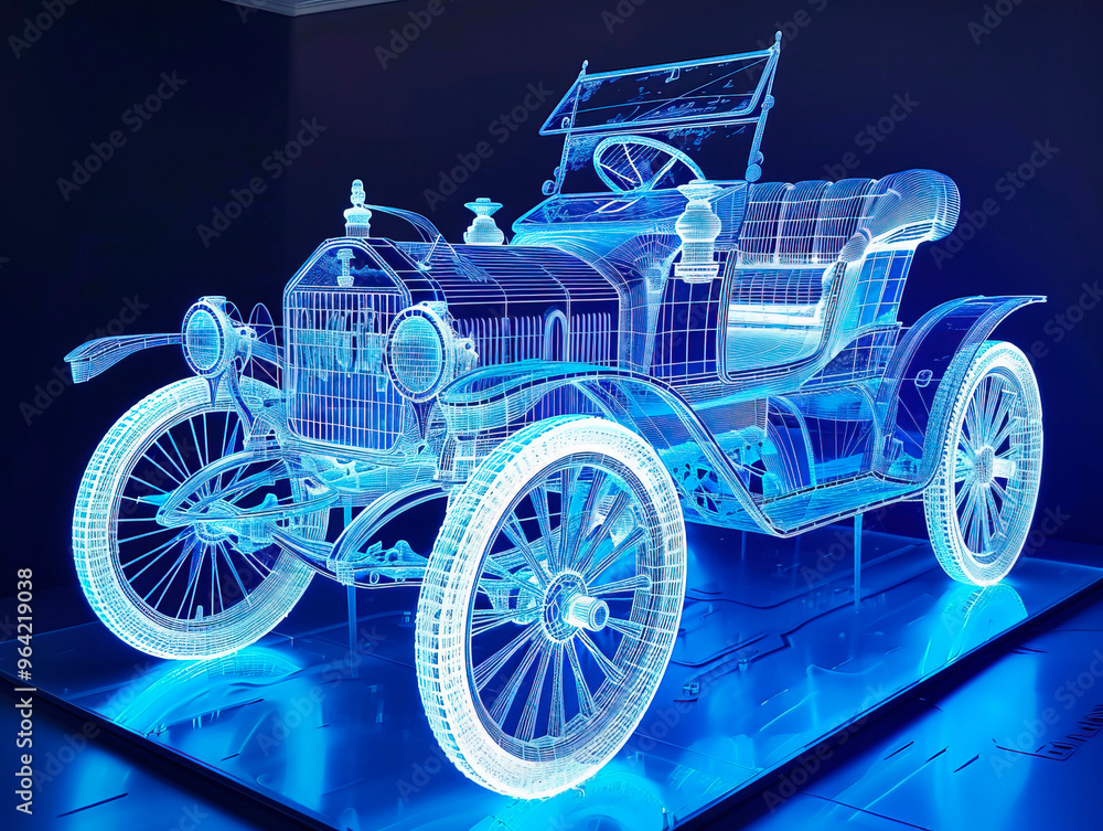 Car 1880s visualization with augmented reality Transparent car in studio drawing in blue colors, cutting edge modeling technology of visualisation Car 1880s visualization with augmented reality Transparent car in studio drawing in blue colors, cutting edge modeling technology of visualisation