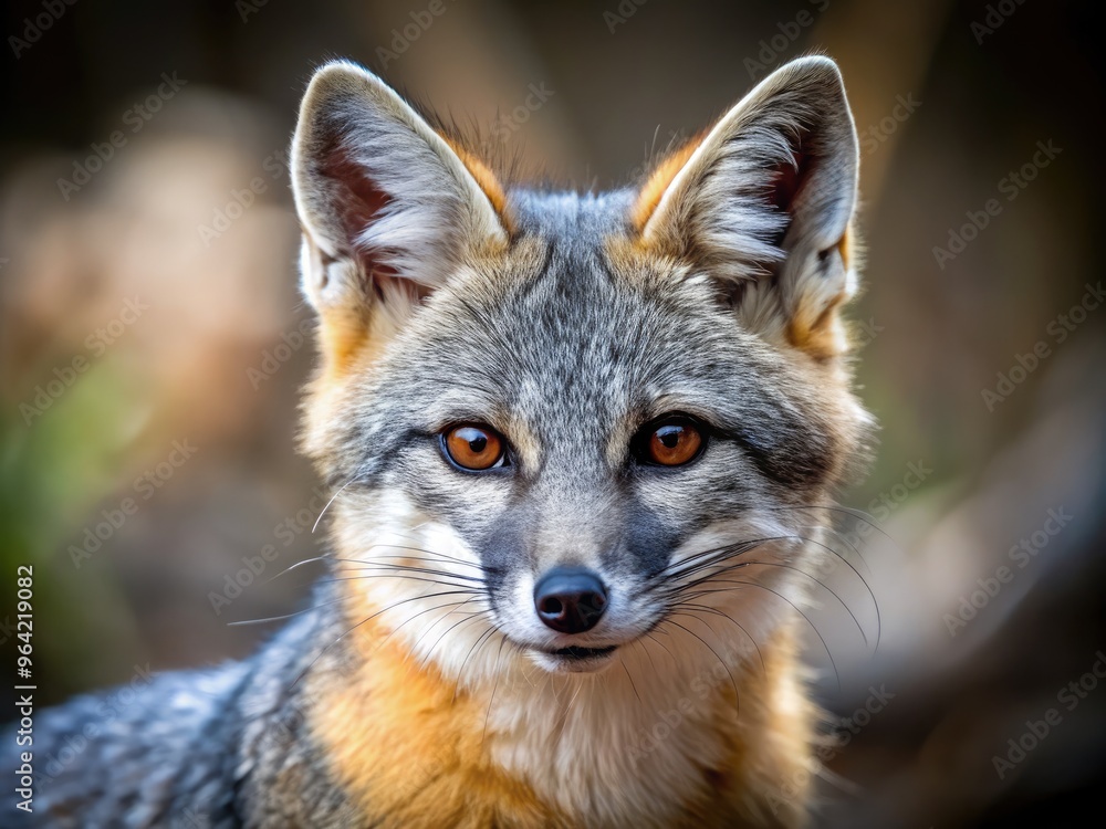A Close-Up Portrait Of A Gray Fox With Piercing Eyes And A Bushy Tail, Set Against A Blurred Background. A Close-Up Portrait Of A Gray Fox With Piercing Eyes And A Bushy Tail, Set Against A Blurred Background.