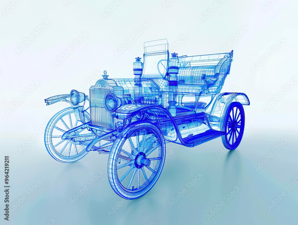 Car 1890s visualization with augmented reality Transparent car in studio drawing in blue colors blueprint glowing neon hologram futuristic show technology security for premium product business finance Car 1890s visualization with augmented reality Transparent car in studio drawing in blue colors blueprint glowing neon hologram futuristic show technology security for premium product business finance