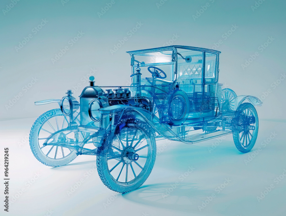 Car 1890s visualization with augmented reality Transparent car in studio drawing in blue colors blueprint glowing neon hologram futuristic show technology security for premium product business finance Car 1890s visualization with augmented reality Transparent car in studio drawing in blue colors blueprint glowing neon hologram futuristic show technology security for premium product business finance