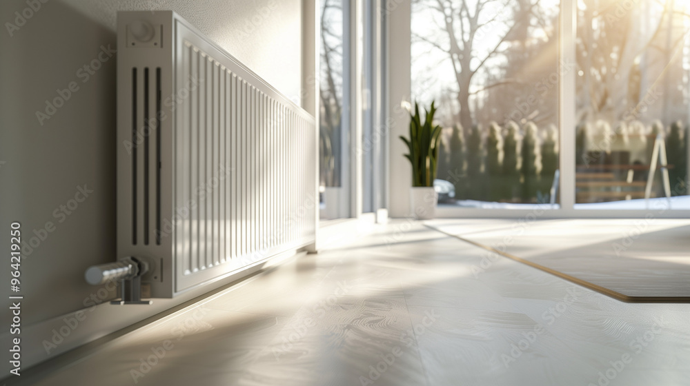 Fototapeta premium Minimalist Living Room with Radiator and Sunlight Through Windows