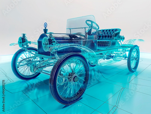 Car 1890s visualization with augmented reality Transparent car in studio drawing in blue colors blueprint glowing neon hologram futuristic show technology security for premium product business finance