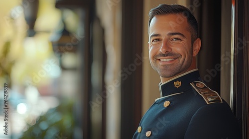 Hotel doorman opening the door for a guest, wearing a traditional uniform, focus on the guest smile, soft bokeh background. photo