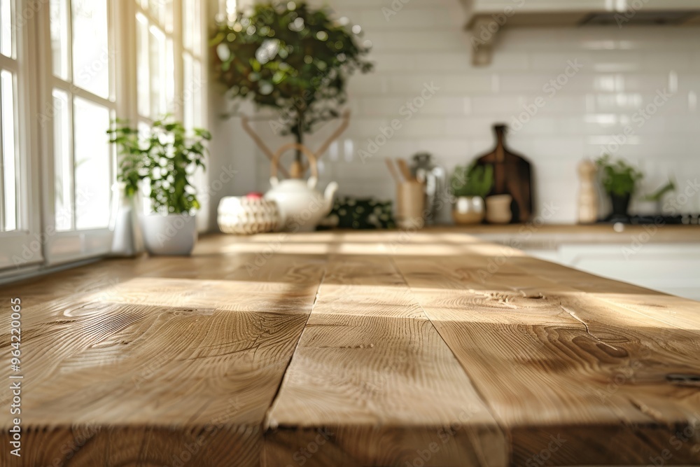 Empty wooden tabletop counter in a clean and bright kitchen, ready for product display with text space. Empty wooden tabletop counter in a clean and bright kitchen, ready for product display with text space.