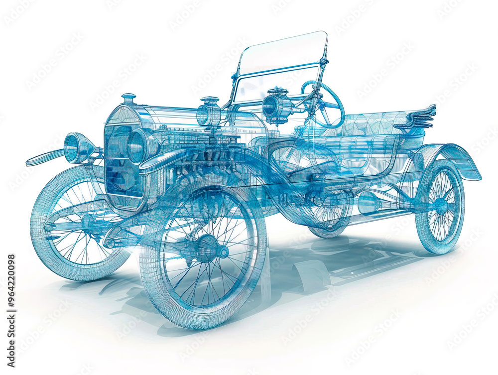 Fototapeta premium Car 1900s visualization with augmented reality Transparent car in studio drawing in blue colors blueprint glowing neon hologram futuristic show technology security for premium product business finance