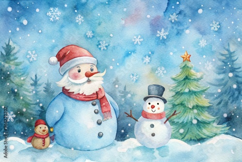 Winter Wonderland Snowman Santa Background Mood Whimsical Style Watercolor Colors Soft Blues Whites Concept Holiday Season Fun