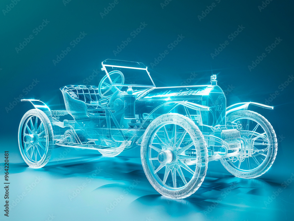 Car 1900s visualization with augmented reality Transparent car in studio drawing in blue colors blueprint glowing neon hologram futuristic show technology security for premium product business finance Car 1900s visualization with augmented reality Transparent car in studio drawing in blue colors blueprint glowing neon hologram futuristic show technology security for premium product business finance