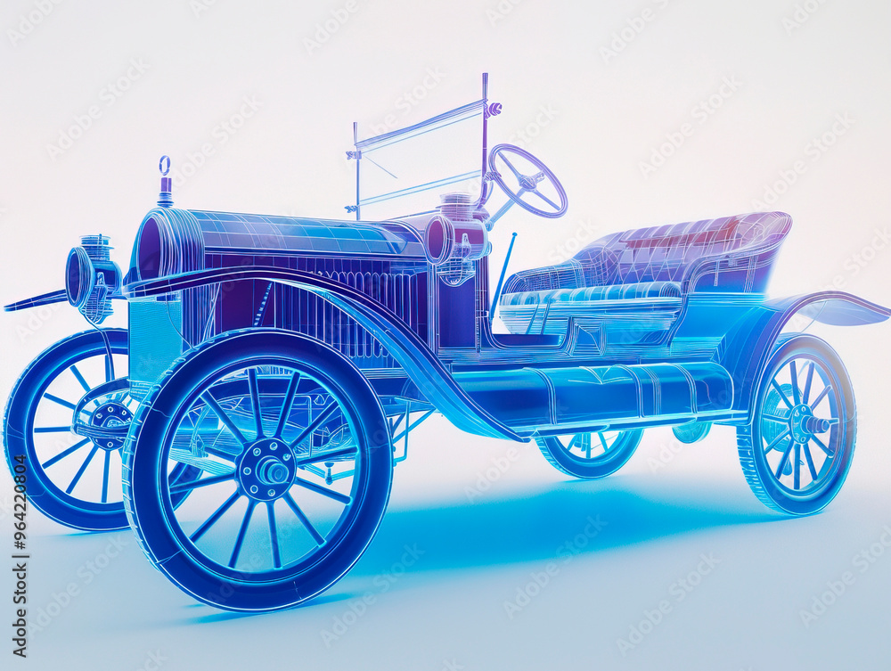 Car 1910s visualization with augmented reality Transparent car in studio drawing in blue colors blueprint glowing neon hologram futuristic show technology security for premium product business finance Car 1910s visualization with augmented reality Transparent car in studio drawing in blue colors blueprint glowing neon hologram futuristic show technology security for premium product business finance