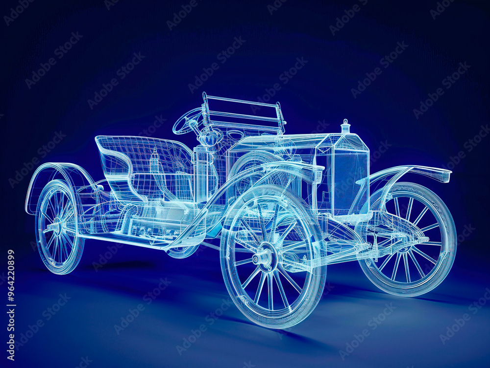 Car 1910s visualization with augmented reality Transparent car in studio drawing in blue colors blueprint glowing neon hologram futuristic show technology security for premium product business finance Car 1910s visualization with augmented reality Transparent car in studio drawing in blue colors blueprint glowing neon hologram futuristic show technology security for premium product business finance