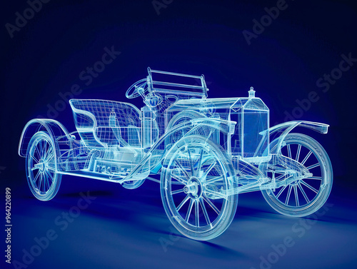 Car 1910s visualization with augmented reality Transparent car in studio drawing in blue colors blueprint glowing neon hologram futuristic show technology security for premium product business finance