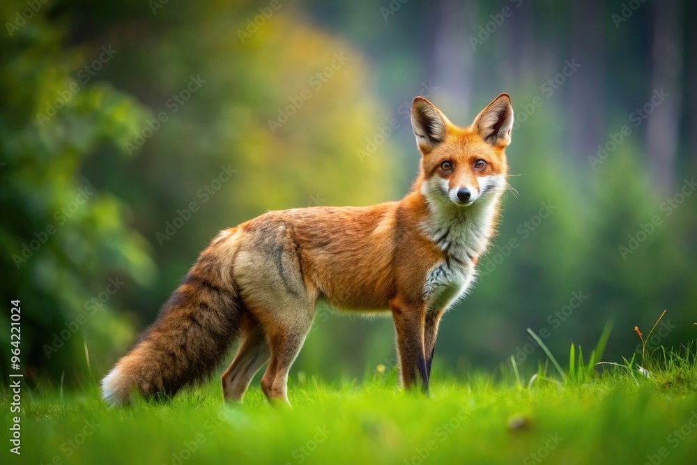 Fototapeta premium A Curious Red Fox Standing In A Green Meadow, Its Bushy Tail Flowing Behind It, With A Blurred Forest In The Background.