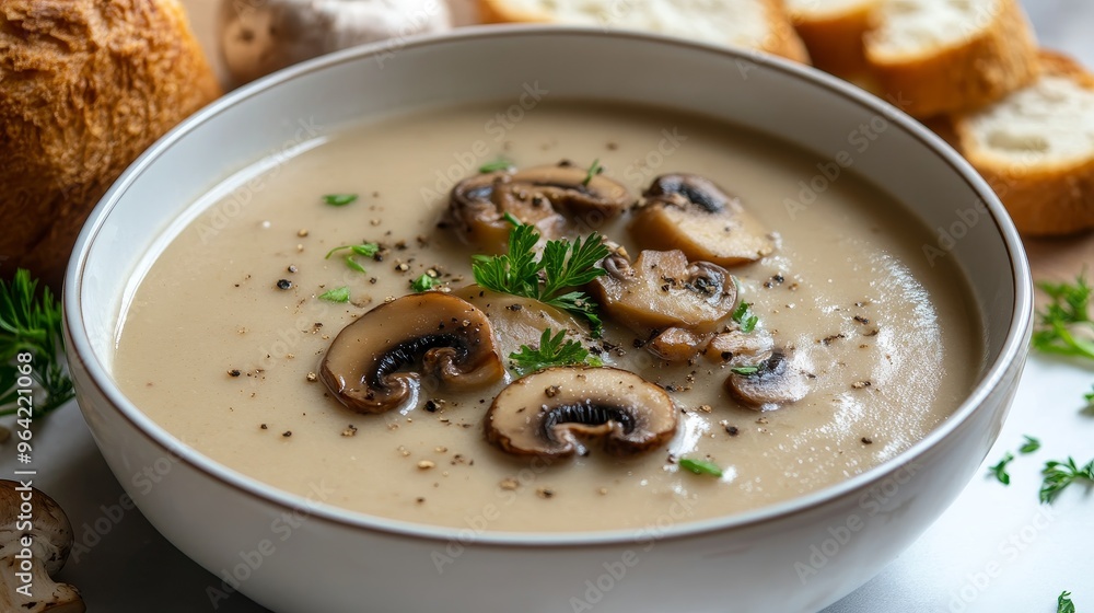 Creamy mushroom soup with bread and fresh mushrooms. A seasonal soup with vegetables, perfect for fall. Creamy mushroom soup with bread and fresh mushrooms. A seasonal soup with vegetables, perfect for fall.