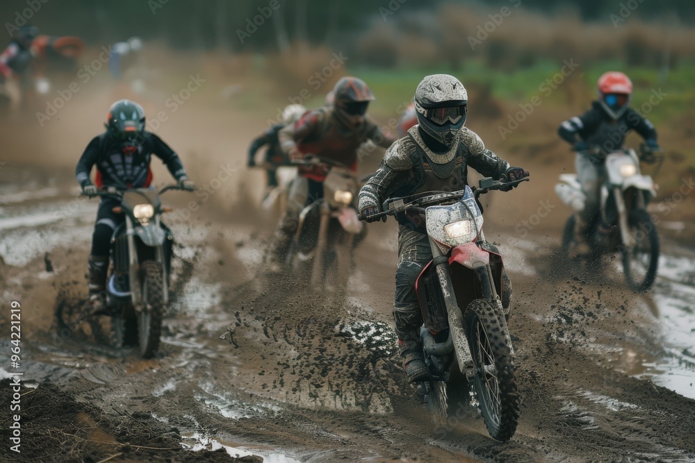 A group of motocross riders tearing through a muddy track, capturing the thrill and adrenaline of off-road racing under overcast skies. A group of motocross riders tearing through a muddy track, capturing the thrill and adrenaline of off-road racing under overcast skies.