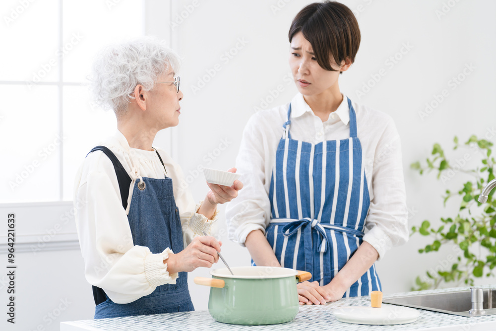 キッチンに立つ若い女性とシニア女性 料理イメージ キッチンに立つ若い女性とシニア女性 料理イメージ