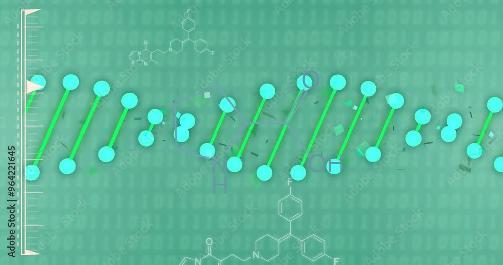 DNA strand and chemical formulas over green background with binary coding DNA strand and chemical formulas over green background with binary coding