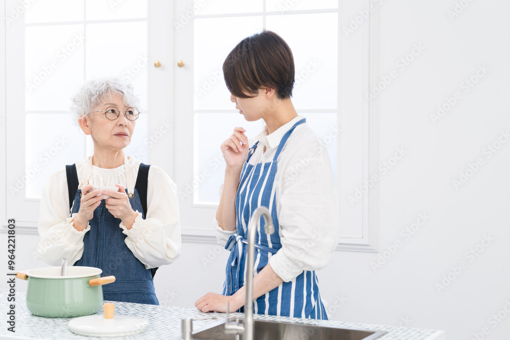 キッチンに立つ若い女性とシニア女性 料理イメージ キッチンに立つ若い女性とシニア女性 料理イメージ