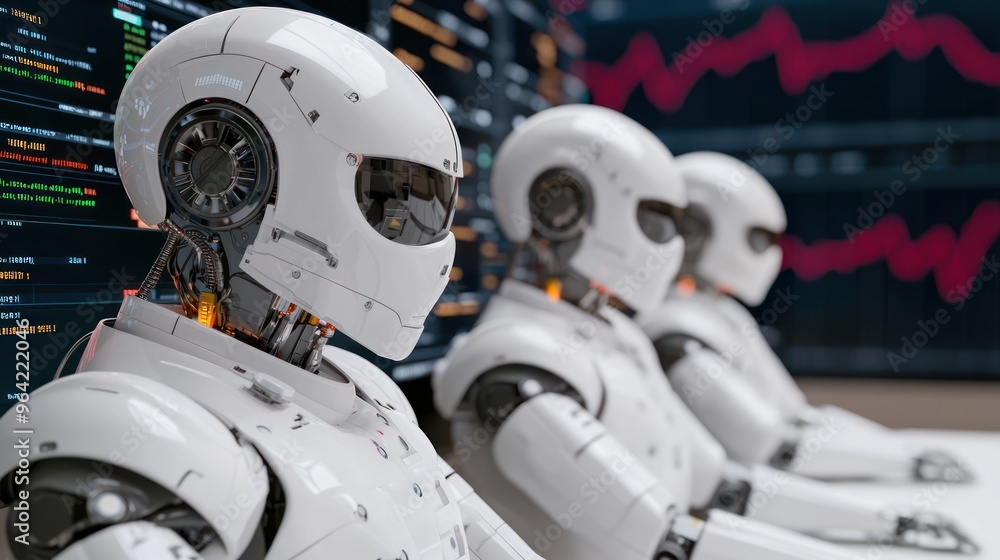 Fototapeta premium Group of humanoid robots brainstorming trading strategies, modern stock market analysis, AI collaboration in finance